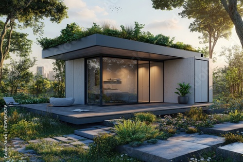 Light grey container house with a minimalist interior and a roof-top garden, creating a serene, sustainable living space, green container, serenity