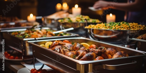 Elegant Catering Setup Featuring Chafing Dishes with Delicious Food, Candles, and Vibrant Vegetables in a Festive Atmosphere