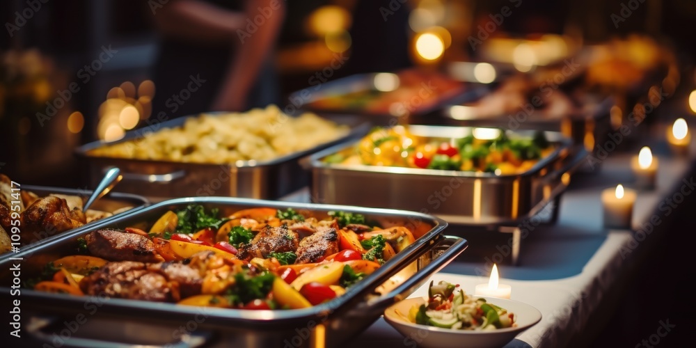 Elegant Display of Chafing Dishes and Delicious Dishes at a Catering Event Perfect for Celebrations and Parties at Night Elegant Display of Chafing Dishes and Delicious Dishes at a Catering Event Perfect for Celebrations and Parties at Night