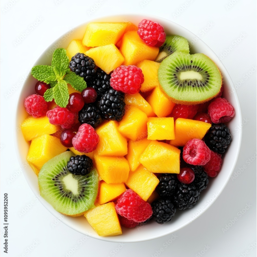A white bowl filled with fresh mango, kiwi, raspberries, blackberries, and cranberries. A white bowl filled with fresh mango, kiwi, raspberries, blackberries, and cranberries.