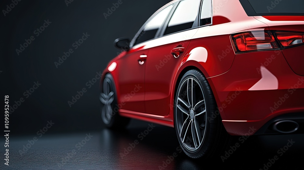 Fototapeta premium Sleek red car's rear view, showcasing its design and polished finish against a dark background.