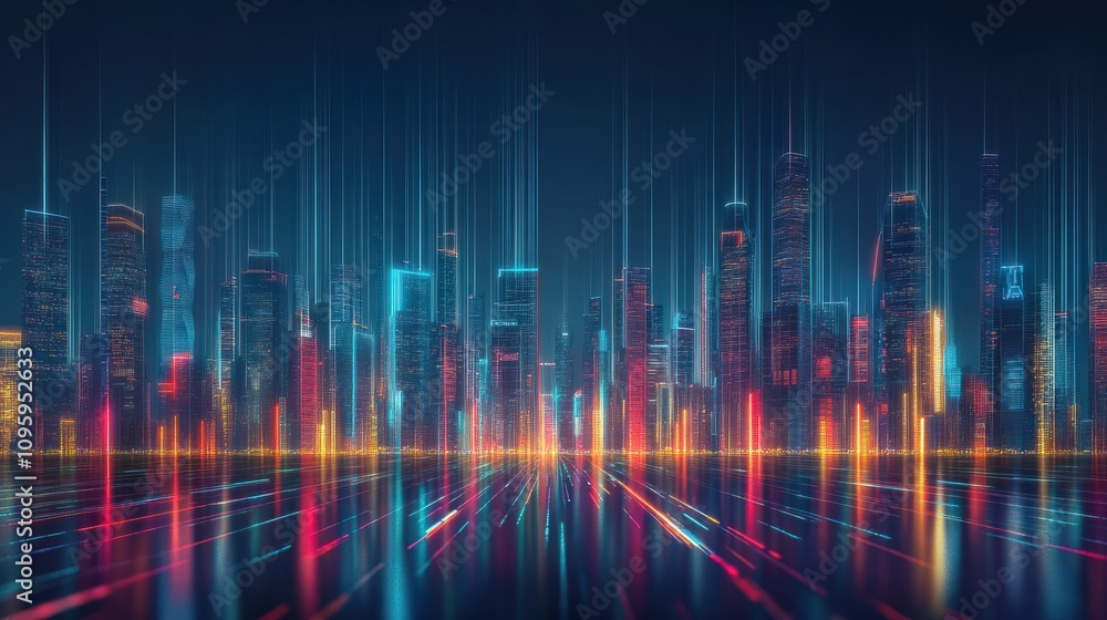 Futuristic cityscape at night with glowing neon lights and digital beams. Futuristic cityscape at night with glowing neon lights and digital beams.
