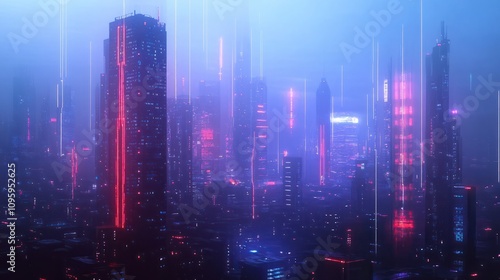 Futuristic city skyline with glowing digital lines in a blue background.