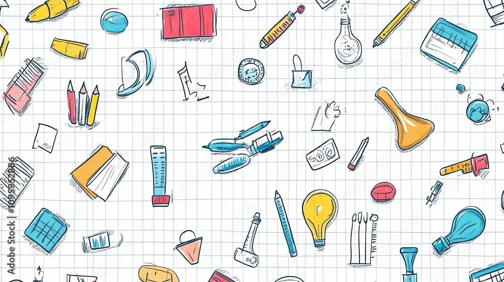 Colorful Hand Drawn School Supplies Notebook Pattern Colorful Hand Drawn School Supplies Notebook Pattern