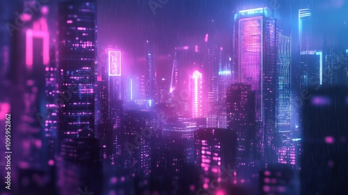 Futuristic cityscape: blurred neon lights in bokeh style - vibrant urban night background for modern designs and concepts