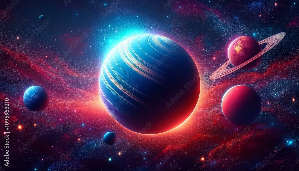 Planets of deep space in light of red and blue stars. Planets of deep space in light of red and blue stars.