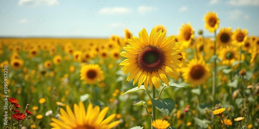 A single sunflower stands out against a backdrop of swaying sunflowers and wildflowers in a vast open field, open fields, field of gold, nature scene A single sunflower stands out against a backdrop of swaying sunflowers and wildflowers in a vast open field, open fields, field of gold, nature scene
