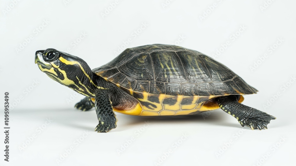 Turtle progressing forward on white background nature scene animal behavior close-up view concept of persistence Turtle progressing forward on white background nature scene animal behavior close-up view concept of persistence