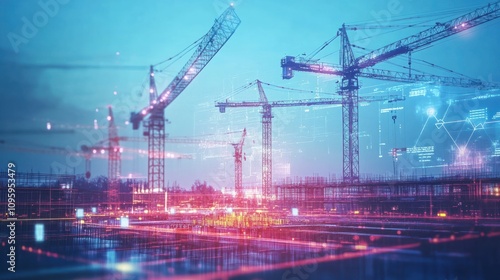 Futuristic digital construction site with cranes and holographic energy data visualization