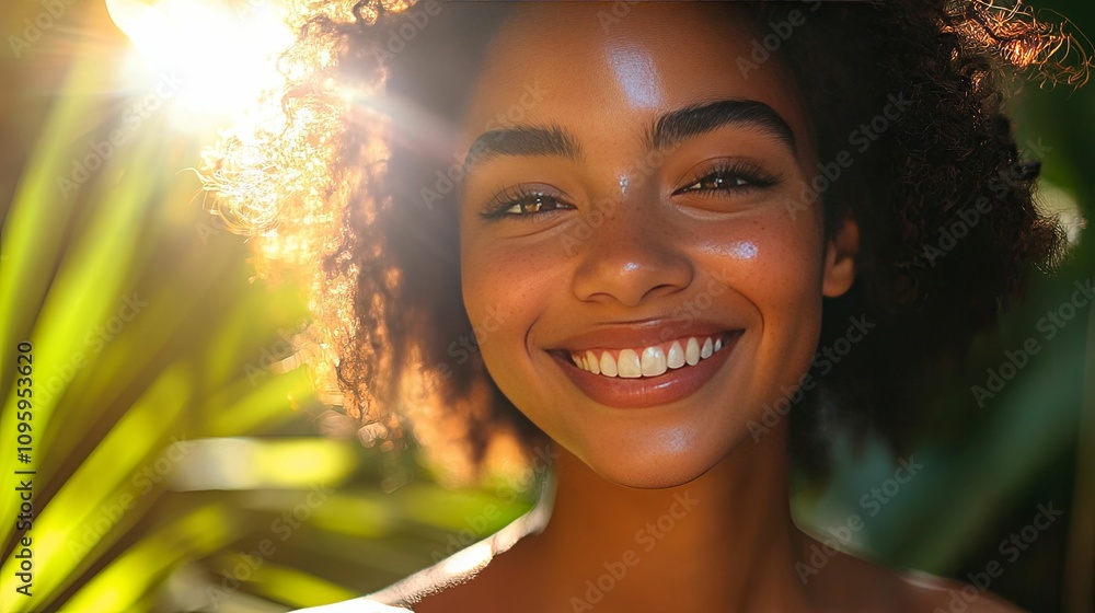 A young woman smiles brightly in sunlight A young woman smiles brightly in sunlight