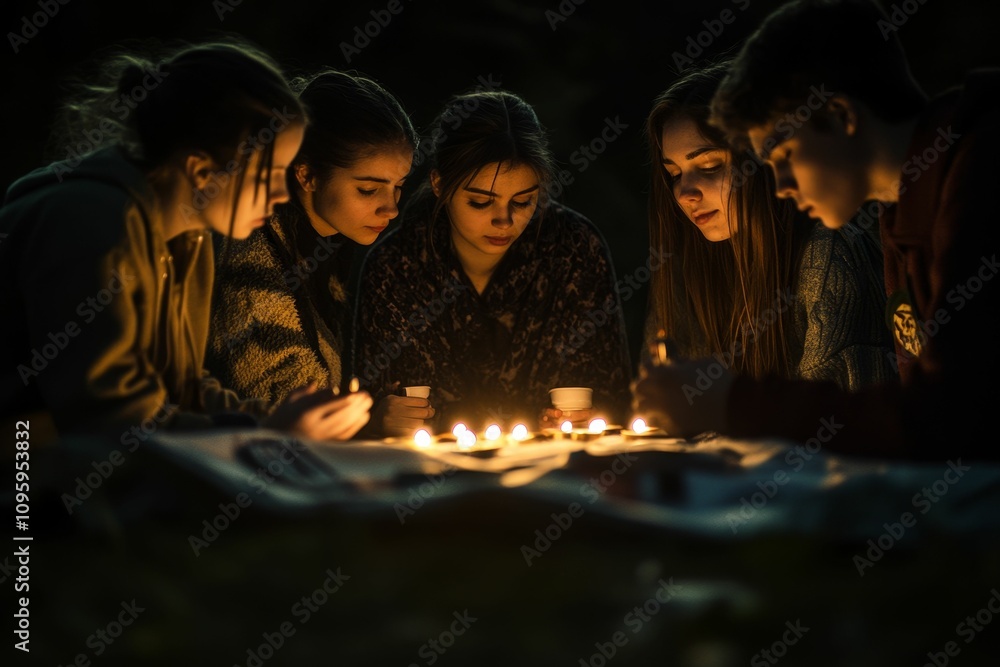 Four girls, one boy, candles, nighttime gathering. Four girls, one boy, candles, nighttime gathering.