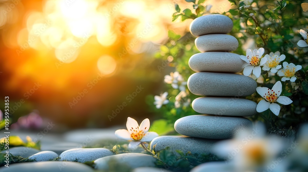 Obraz premium Stacked stones in garden at sunset with white flowers.