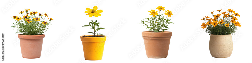 Vibrant Coreopsis Flowers Blooming in Earthenware Pot Vibrant Coreopsis Flowers Blooming in Earthenware Pot