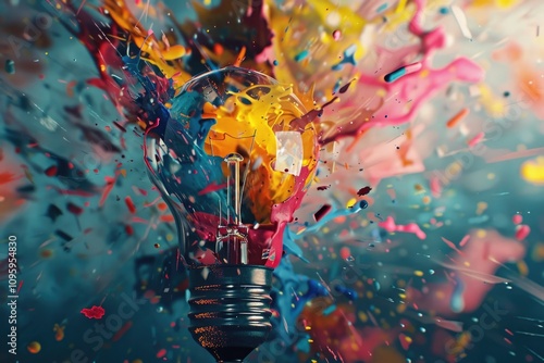 Colorful light bulb explosion inspires creative business ideas and technology. photo