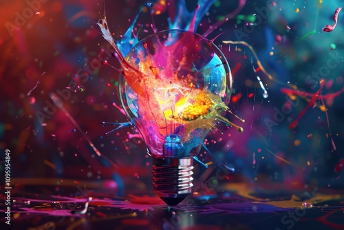 Colorful light bulb explosion inspires creative business ideas and technology.