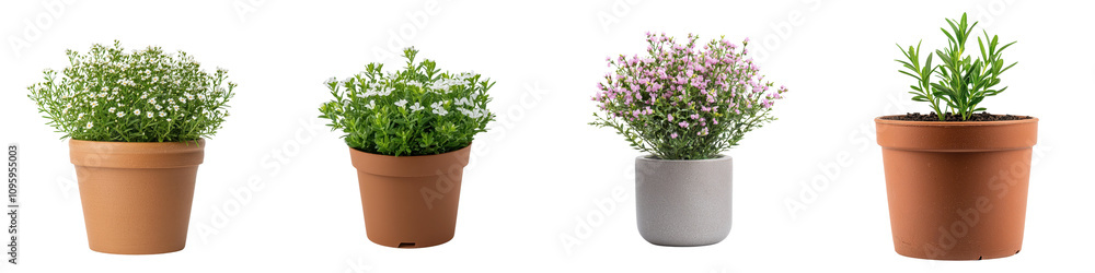 Diosma flowering potted plant in various colors on white background Diosma flowering potted plant in various colors on white background