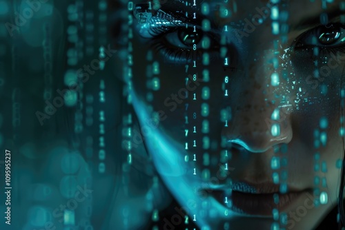 AI themed digital art of female face with binary code. photo