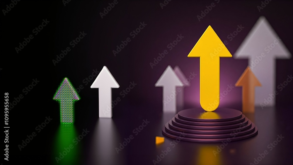 A yellow upward arrow on a purple cylindrical pedestal, with blurred arrows in the background, set against a dark purple background. A yellow upward arrow on a purple cylindrical pedestal, with blurred arrows in the background, set against a dark purple background.