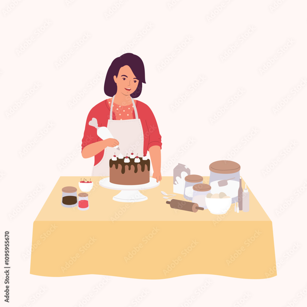 One Smiling Woman With Apron Squeeze Whipped Cream From An Icing Bag Onto A Cake For Decoration. One Smiling Woman With Apron Squeeze Whipped Cream From An Icing Bag Onto A Cake For Decoration.