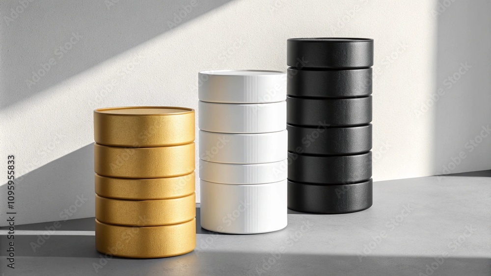 Three stacks of cylindrical objects in gold, white, and black, arranged in a row. Three stacks of cylindrical objects in gold, white, and black, arranged in a row.