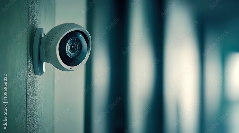 Wall-mounted security camera in a hallway. Wall-mounted security camera in a hallway.