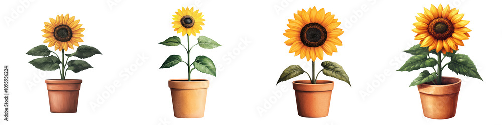 Obraz premium Sunflower In Earthenware Pot Watercolor Painting Of Vibrant Floral Nature