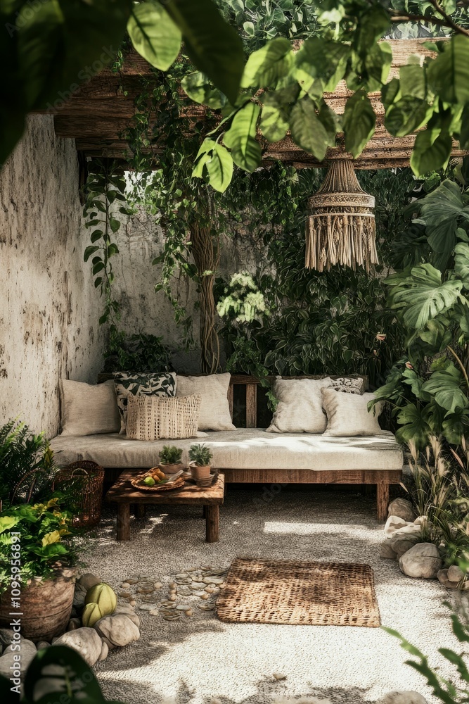 Serene outdoor lounge, lush greenery, bohemian decor. Serene outdoor lounge, lush greenery, bohemian decor.