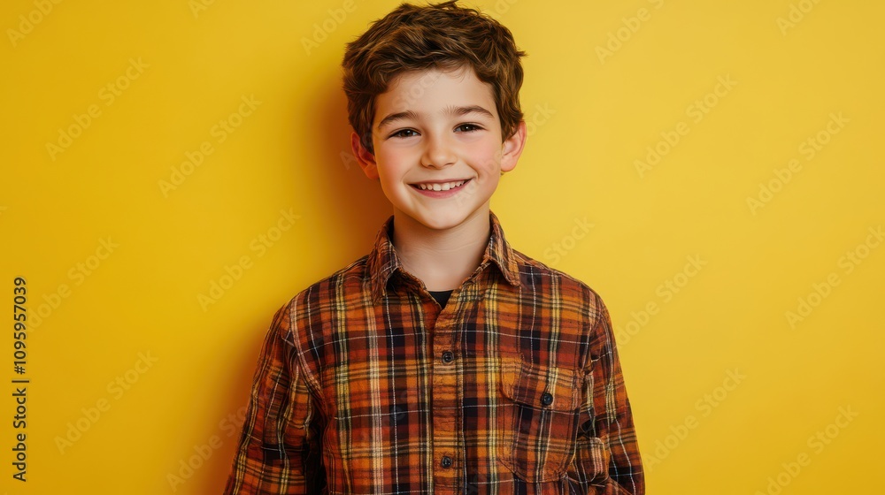 Cheerful Boy in a Plaid Shirt Against a Yellow Background Cheerful Boy in a Plaid Shirt Against a Yellow Background
