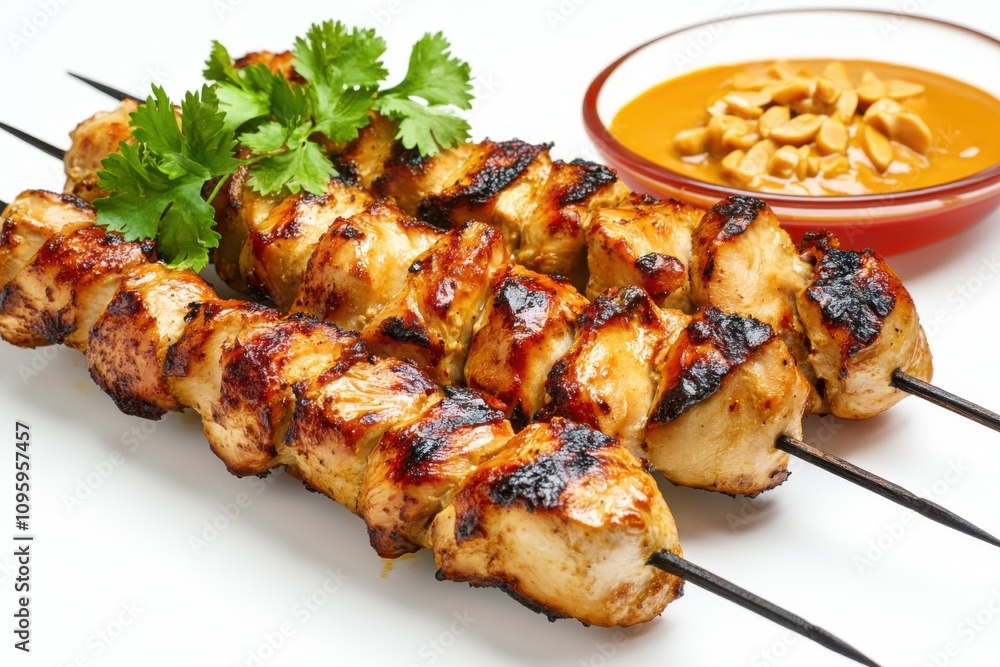 Grilled chicken skewers with fresh cilantro and a bowl of creamy peanut sauce, perfect for a savory treat. Grilled chicken skewers with fresh cilantro and a bowl of creamy peanut sauce, perfect for a savory treat.