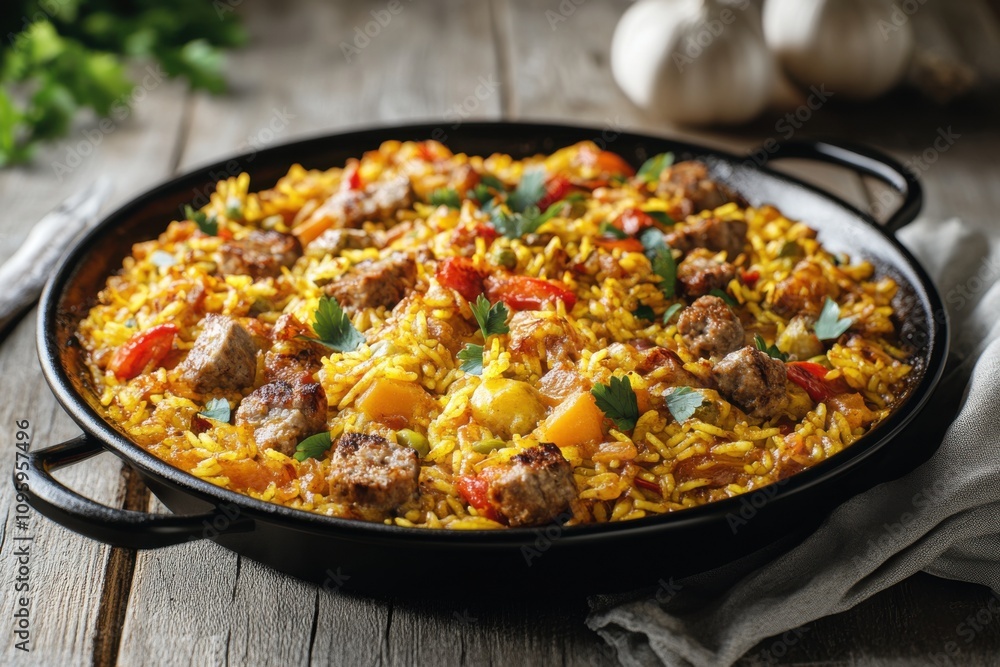 A vibrant and flavorful paella with succulent meat and colorful vegetables, beautifully presented in a black skillet. A vibrant and flavorful paella with succulent meat and colorful vegetables, beautifully presented in a black skillet.