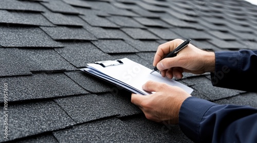 Inspecting Roof Condition and Taking Notes