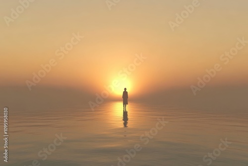 Solitary figure, sunset ocean, tranquil reflection.