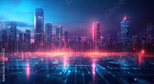 Futuristic Cityscape with Neon Lights and Digital Grid Overlay Illustrating Technology and Urban Life in a Vibrant, High-Tech Environment