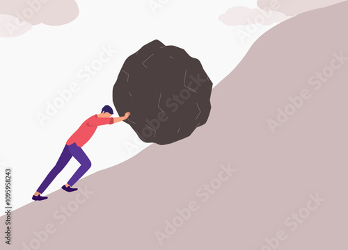 Side View Of A Young Businessman Pushing A Large Rock Up To The Hill.