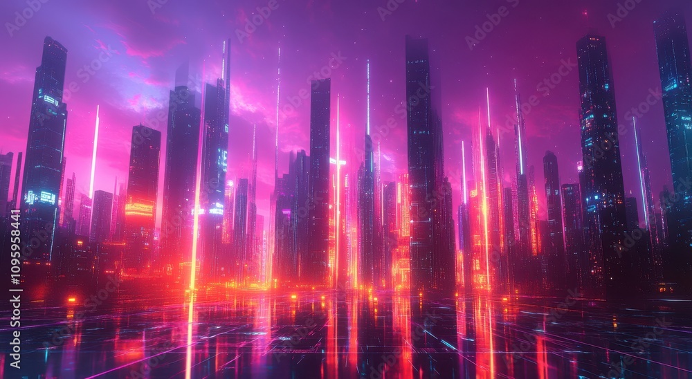 Futuristic Urban Landscape at Night with Neon Lights and Vibrant Colors, Showcasing Skyscrapers and a Cyberpunk Aesthetic under a Glowing Sky Futuristic Urban Landscape at Night with Neon Lights and Vibrant Colors, Showcasing Skyscrapers and a Cyberpunk Aesthetic under a Glowing Sky