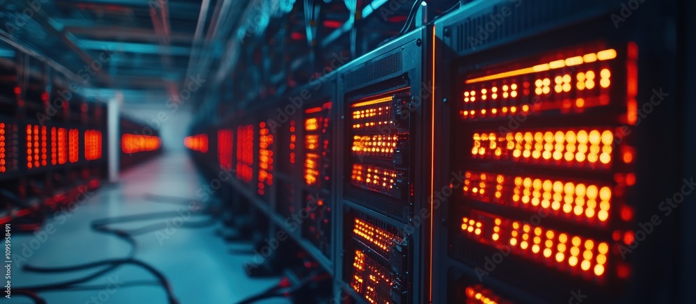 Server room with glowing digital displays, showing rows of powerful computing hardware. Server room with glowing digital displays, showing rows of powerful computing hardware.
