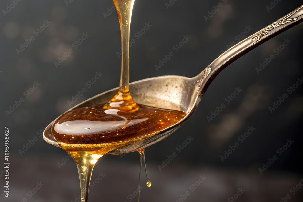 Golden honey drizzling from a spoon: close-up of sweetness and texture. Golden honey drizzling from a spoon: close-up of sweetness and texture.