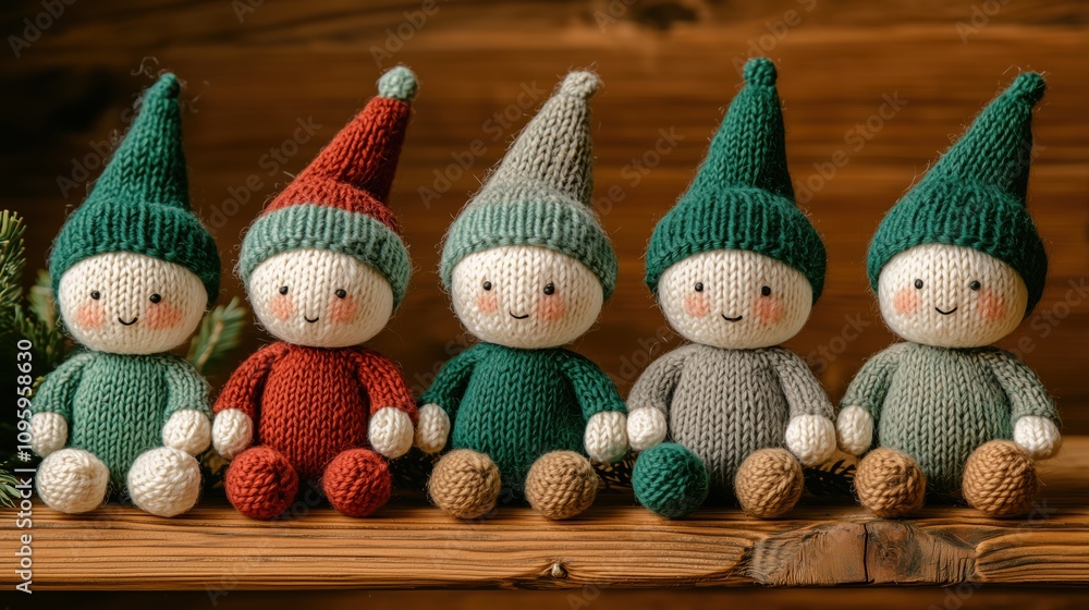 Fototapeta premium Handmade Knitted Elves on Bench: Cozy Rustic Holiday Decor