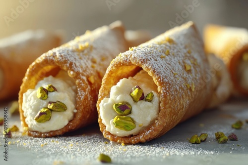 Delicious Italian cannoli filled with creamy ricotta and topped with pistachios, beautifully presenting a sweet treat. photo