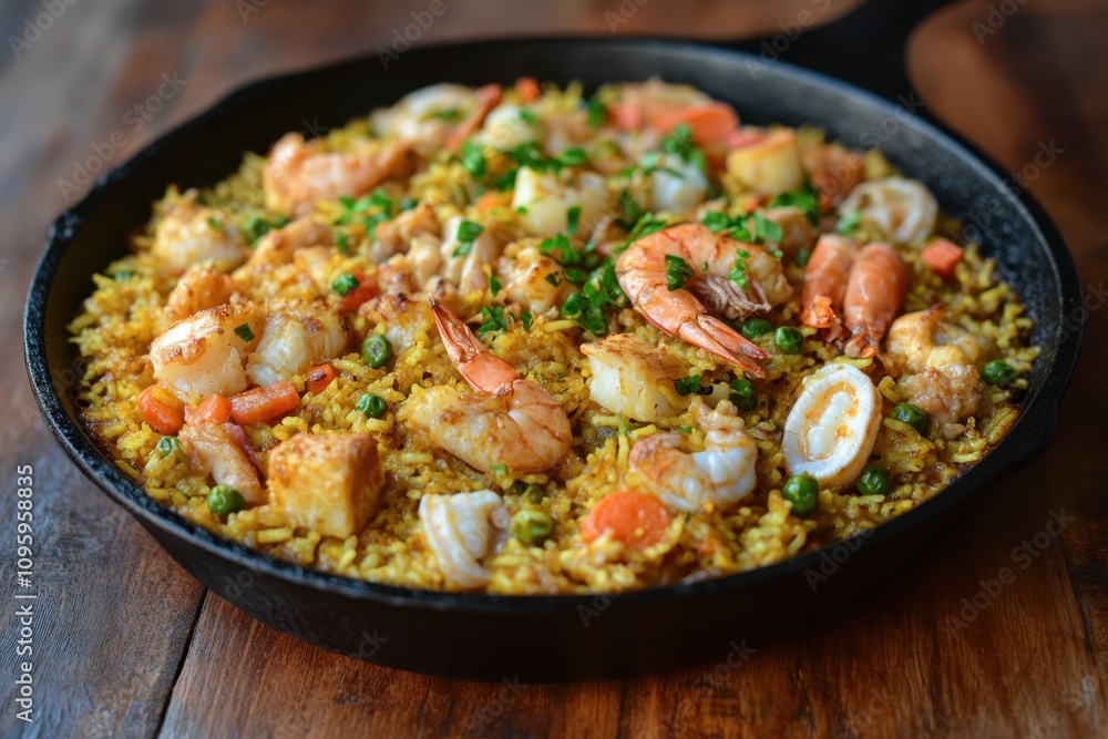 A vibrant seafood paella with shrimp, calamari, and colorful vegetables, served in a cast iron skillet. A vibrant seafood paella with shrimp, calamari, and colorful vegetables, served in a cast iron skillet.