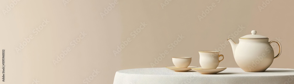 handmade and ceramics concept. A luxurious ceramic tea set with gold detailing, arranged on a linen-draped table to emphasize its handmade quality handmade and ceramics concept. A luxurious ceramic tea set with gold detailing, arranged on a linen-draped table to emphasize its handmade quality