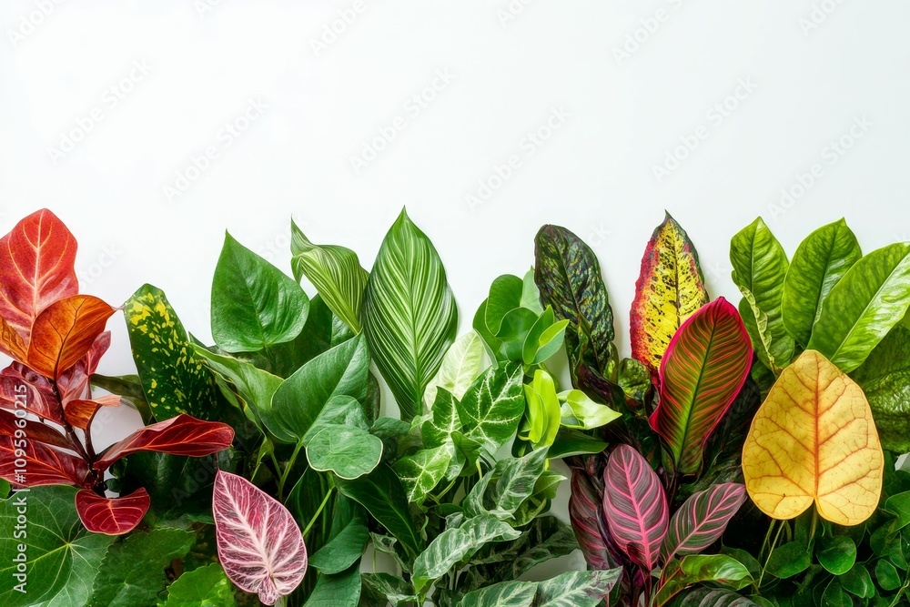 Obraz premium Colorful tropical foliage arranged against white.