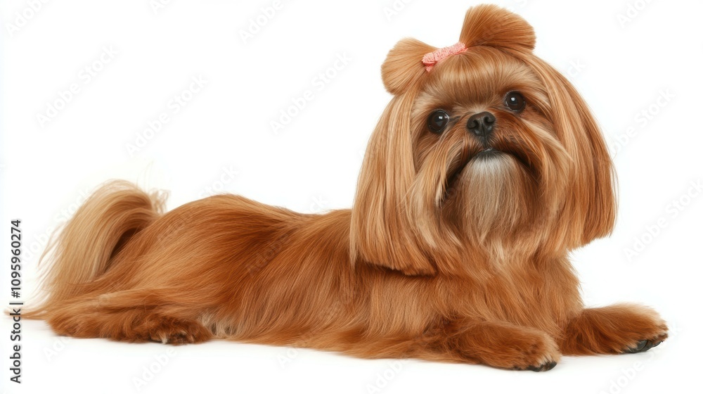 Shih tzu displaying elegant grooming studio setting pet photography bright background close-up pet care Shih tzu displaying elegant grooming studio setting pet photography bright background close-up pet care
