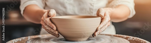 handmade and ceramics concept. Artisan s hands carefully shaping a ceramic bowl on a pottery wheel, emphasizing attention to detail and premium quality photo