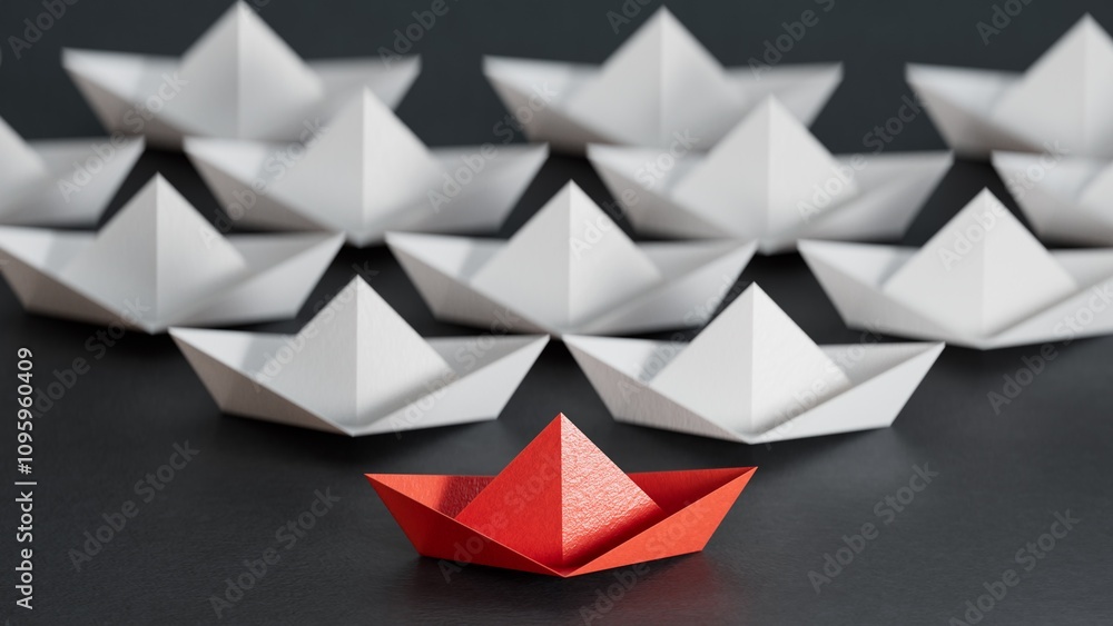 Different business concept.new ideas. paper art style. creative idea.Red and white paper boat. Leadership concept.3D rendering on black background. Different business concept.new ideas. paper art style. creative idea.Red and white paper boat. Leadership concept.3D rendering on black background.