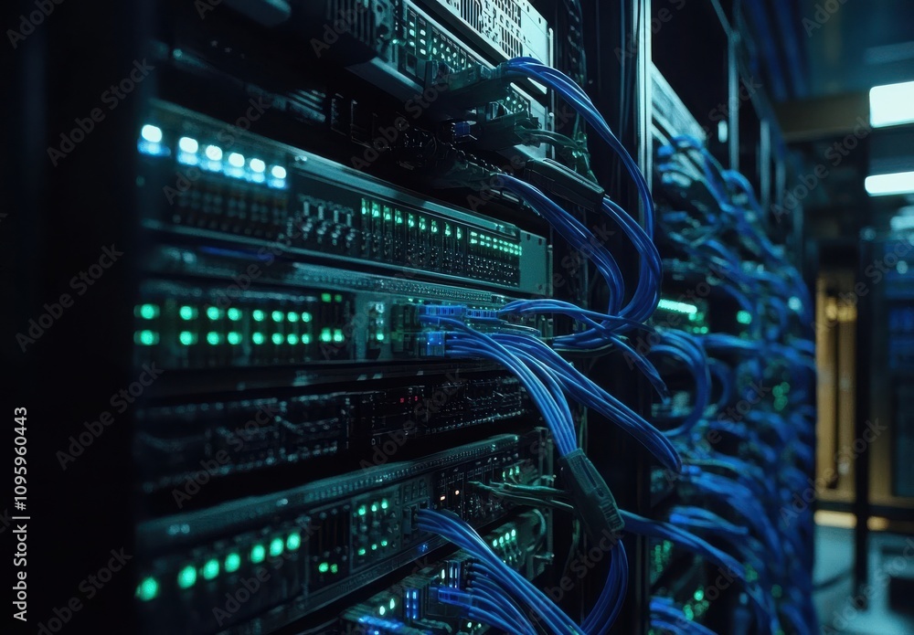 High-Tech Data Center with Glowing Server Racks and Network Cables in a Modern IT Environment for Digital Infrastructure Solutions High-Tech Data Center with Glowing Server Racks and Network Cables in a Modern IT Environment for Digital Infrastructure Solutions