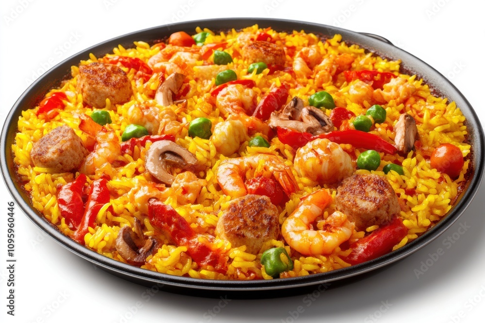 A vibrant seafood paella filled with shrimp, sausage, peppers, and peas, showcasing rich colors and textures. A vibrant seafood paella filled with shrimp, sausage, peppers, and peas, showcasing rich colors and textures.