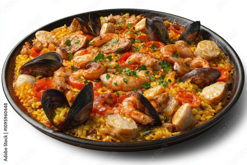 A vibrant seafood paella featuring shrimp, mussels, and colorful vegetables, garnished with fresh parsley. A vibrant seafood paella featuring shrimp, mussels, and colorful vegetables, garnished with fresh parsley.