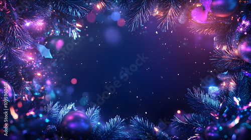 Vibrant Christmas Tree Frame with Colorful Ornaments and Soft Lights Capturing the Spirit of the Holiday Season in a Magical Winter Wonderland