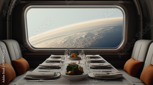 A futuristic dining setting with a view of Earth from space, featuring an elegant table setup and large windows showcasing cosmic scenery. photo